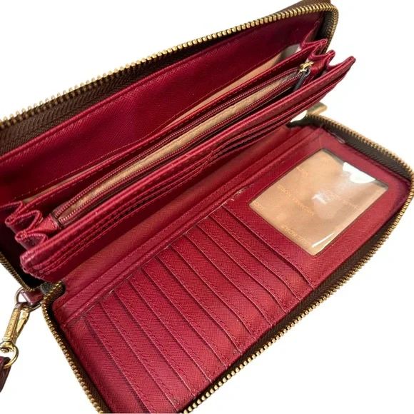 Michale Kors Signature Monogram Jet Set Leather Brown Burgundy Wristlet Wallet - Picture 4 of 5
